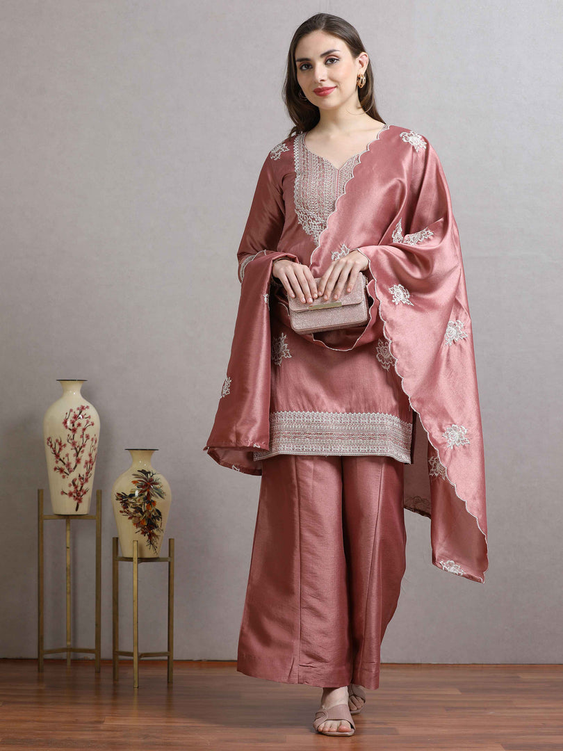 Rosé Glow Hand work Banarasi Silk Straight cut Fancy Suit