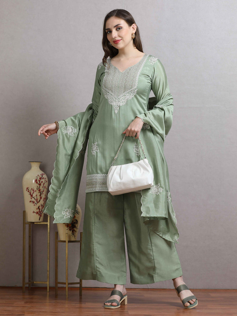 Sea green Hand work Banarasi Silk Straight cut Fancy Suit