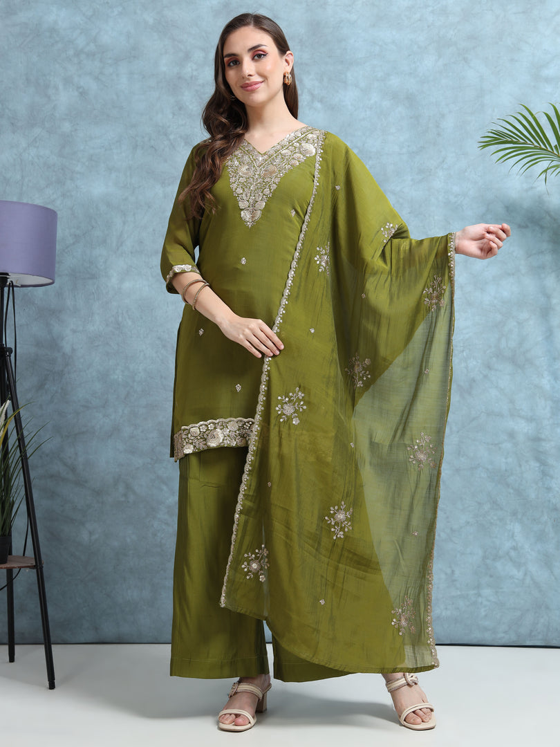 Olive Green Mulchanderi Straight Cut Suit Set with Hand Embroidery