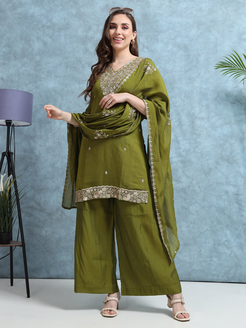 Olive Green Mulchanderi Straight Cut Suit Set with Hand Embroidery