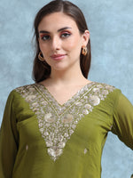 Load image into Gallery viewer, Olive Green Mulchanderi Straight Cut Suit Set with Hand Embroidery