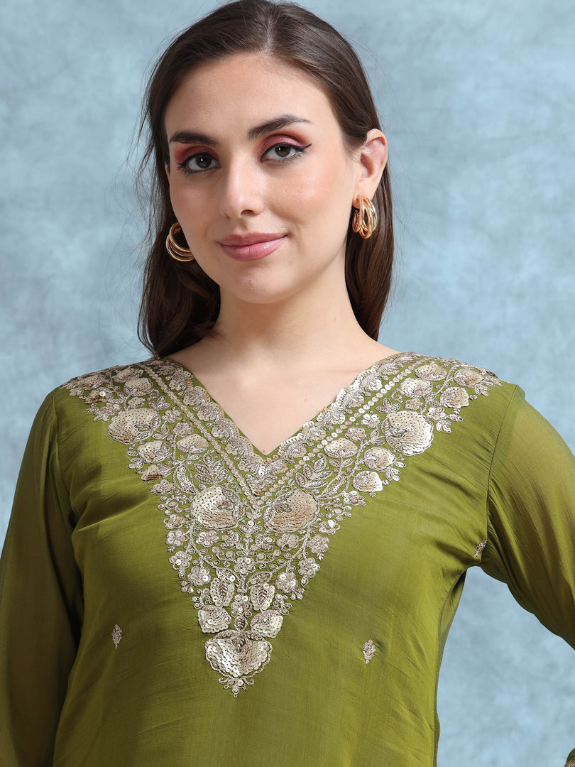 Olive Green Mulchanderi Straight Cut Suit Set with Hand Embroidery