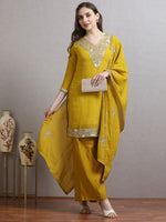 Load image into Gallery viewer, Mustard Mulchanderi Straight Cut Suit Set with Hand Embroidery