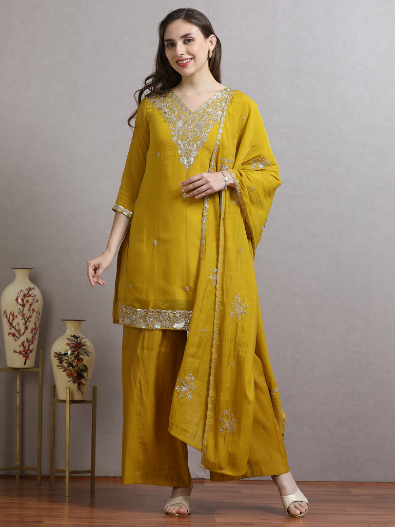 Mustard Mulchanderi Straight Cut Suit Set with Hand Embroidery