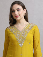 Load image into Gallery viewer, Mustard Mulchanderi Straight Cut Suit Set with Hand Embroidery
