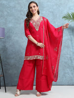 Load image into Gallery viewer, Hot Pink Mulchanderi Straight Cut Suit Set with Hand Embroidery