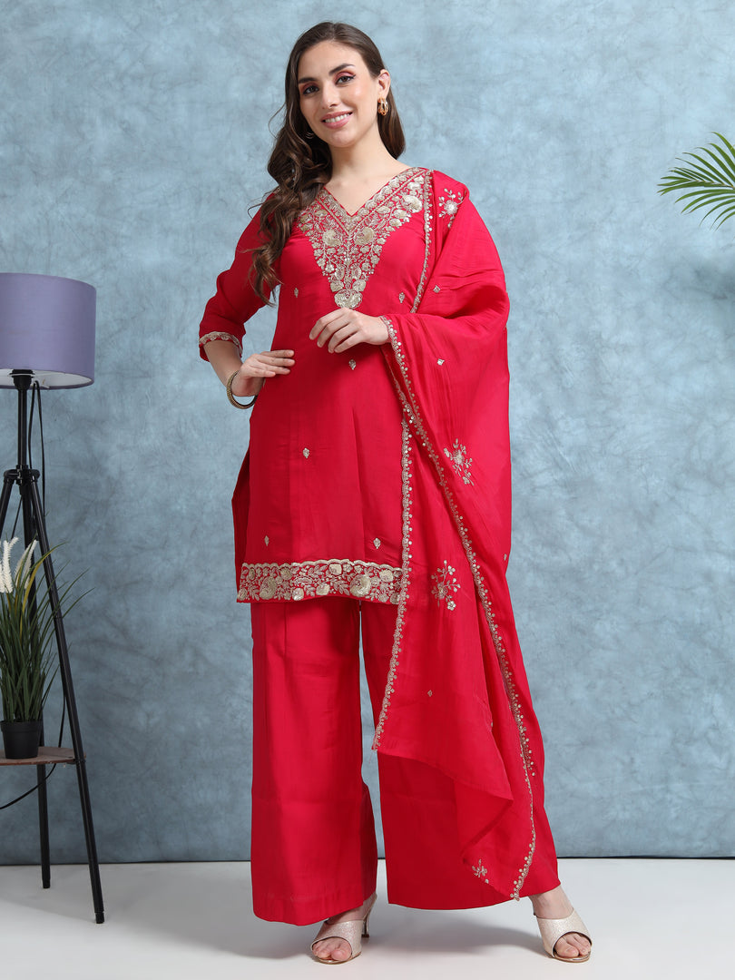 Hot Pink Mulchanderi Straight Cut Suit Set with Hand Embroidery