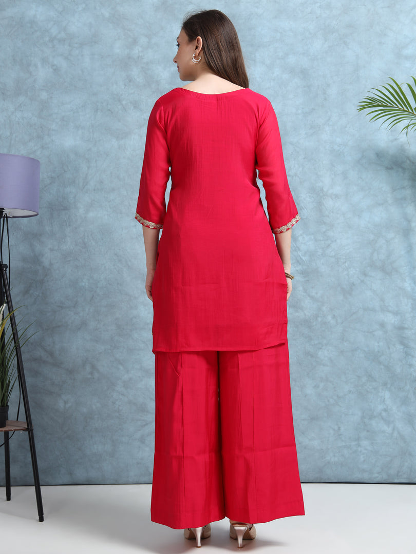 Hot Pink Mulchanderi Straight Cut Suit Set with Hand Embroidery