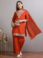 Load image into Gallery viewer, Saffron Mulchanderi Straight Cut Suit Set with Hand Embroidery