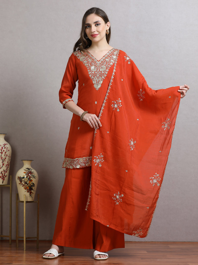 Saffron Mulchanderi Straight Cut Suit Set with Hand Embroidery