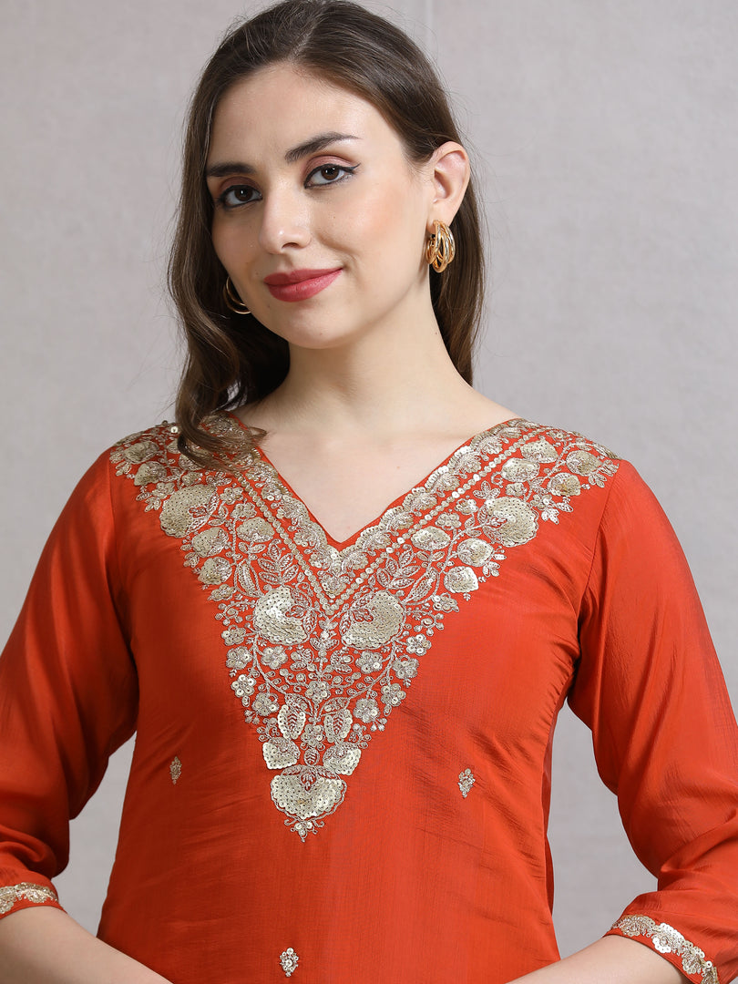 Saffron Mulchanderi Straight Cut Suit Set with Hand Embroidery
