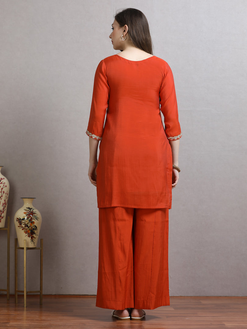Saffron Mulchanderi Straight Cut Suit Set with Hand Embroidery