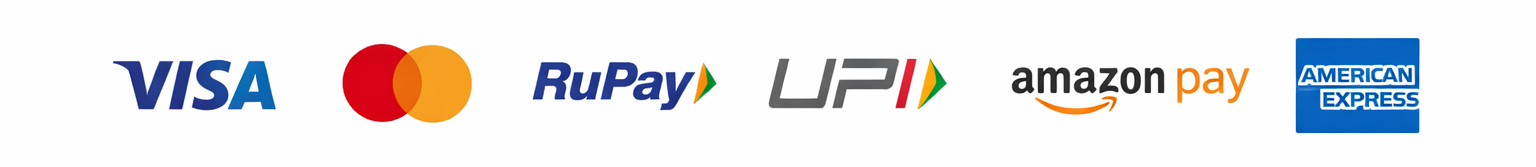 Logos of accepted payment methods including Visa, Mastercard, RuPay, UPI, Amazon Pay, and American Express on a white background.