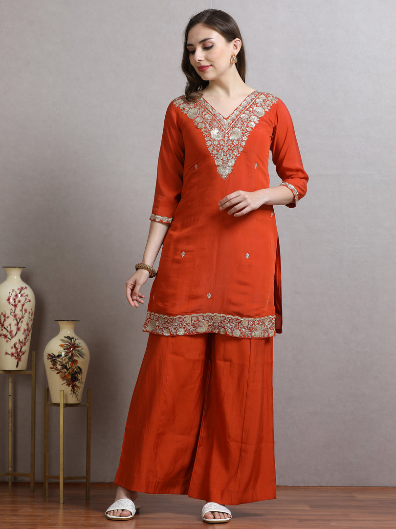 Saffron Mulchanderi Straight Cut Suit Set with Hand Embroidery