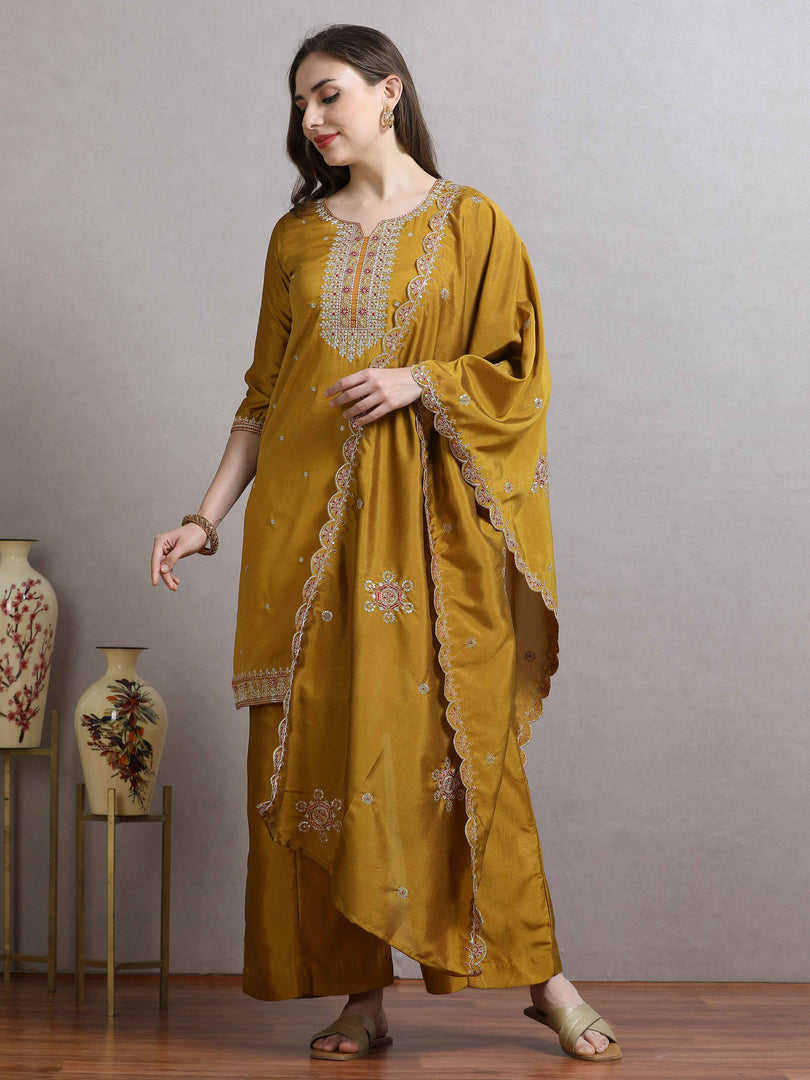 Radiant Mustard Fancy Shimmer Silk Kurti With Plazzo pant