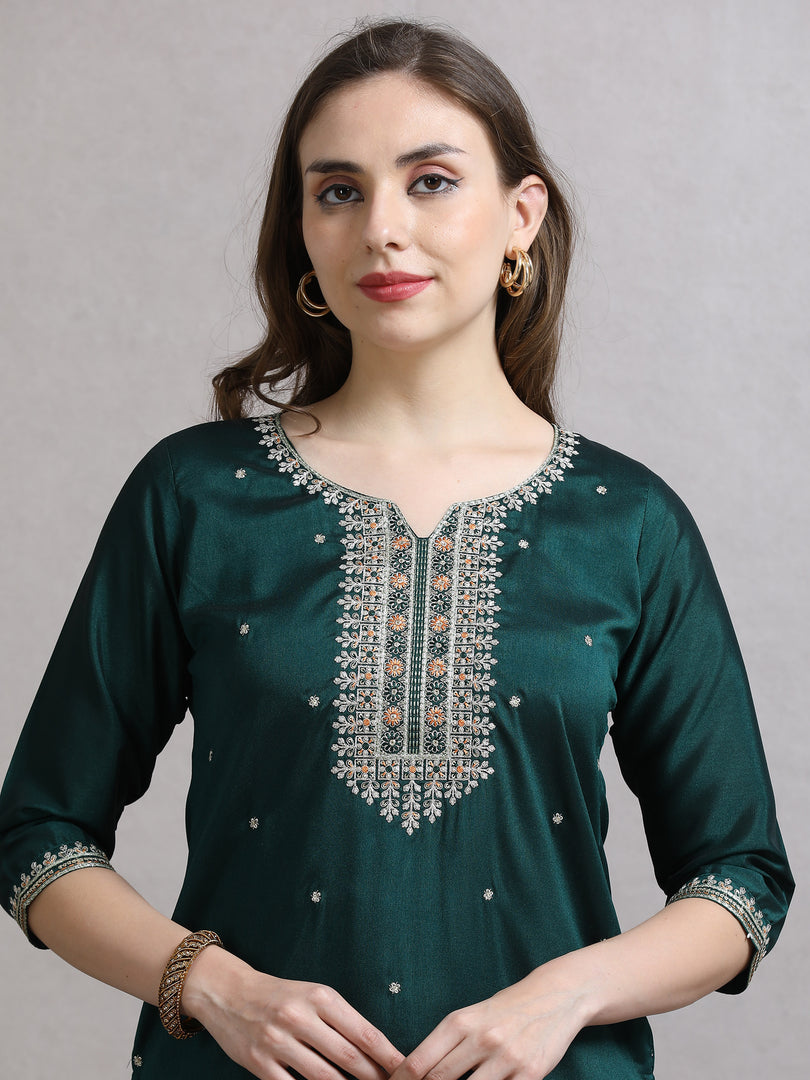 Emerald Green Embroidered Kurta Palazzo Set with Dupatta