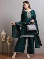 Load image into Gallery viewer, Emerald Green Embroidered Kurta Palazzo Set with Dupatta