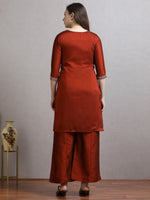 Load image into Gallery viewer, Rust Orange Fancy Shimmer Silk Kurti Set With Plazzo pant