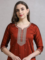 Load image into Gallery viewer, Rust Orange Fancy Shimmer Silk Kurti Set With Plazzo pant