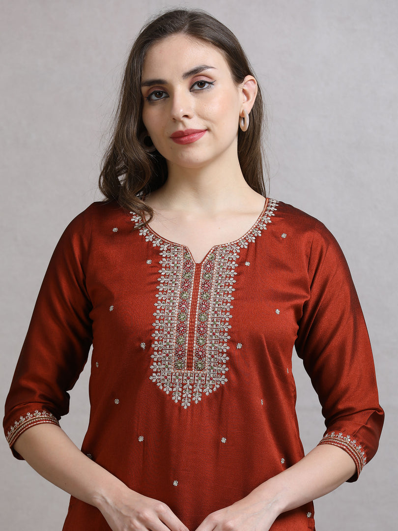 Rust Orange Fancy Shimmer Silk Kurti Set With Plazzo pant