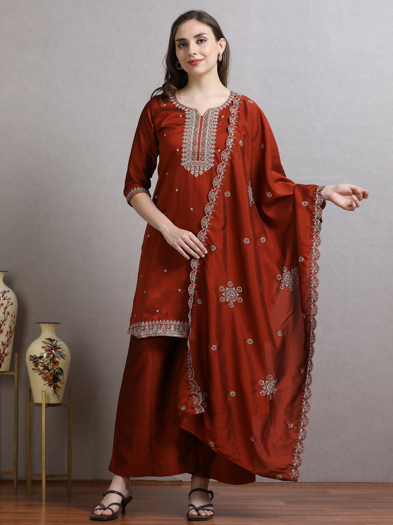 Rust Orange Fancy Shimmer Silk Kurti Set With Plazzo pant