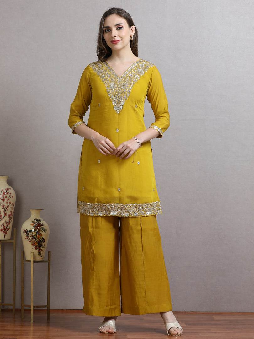 Mustard Mulchanderi Straight Cut Suit Set with Hand Embroidery