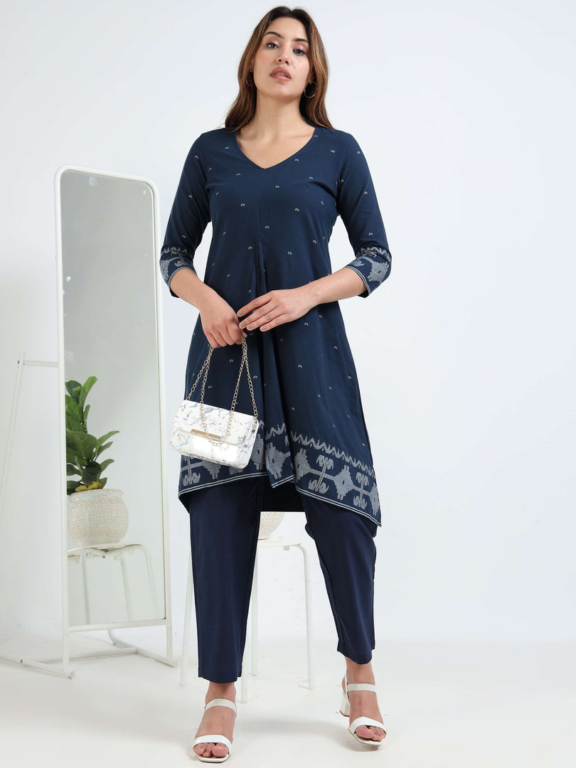 Navy Blue Cotton Printed Handloom Co-ord Set