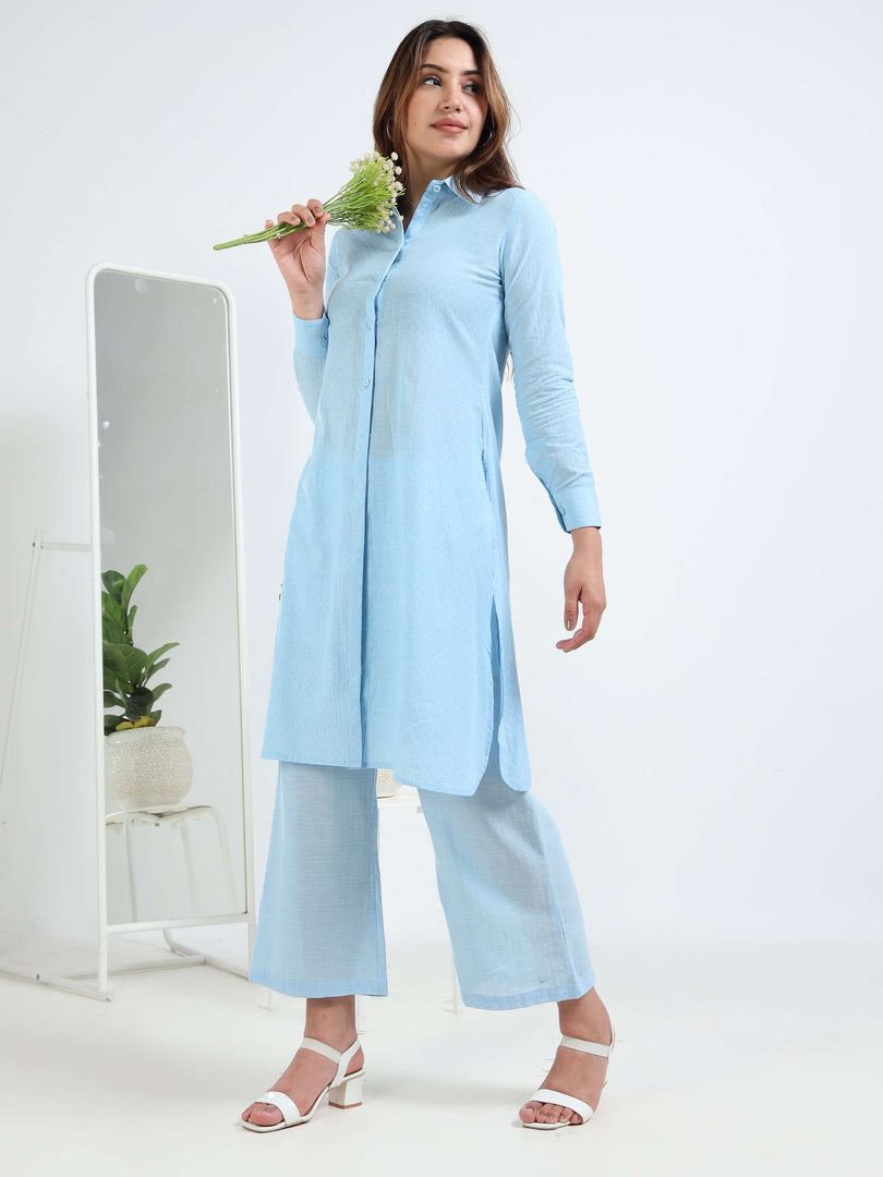 Sky blue Cotton Printed Handloom Co-ord Set