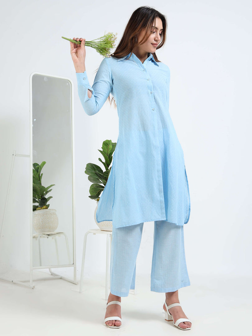 Sky blue Cotton Printed Handloom Co-ord Set